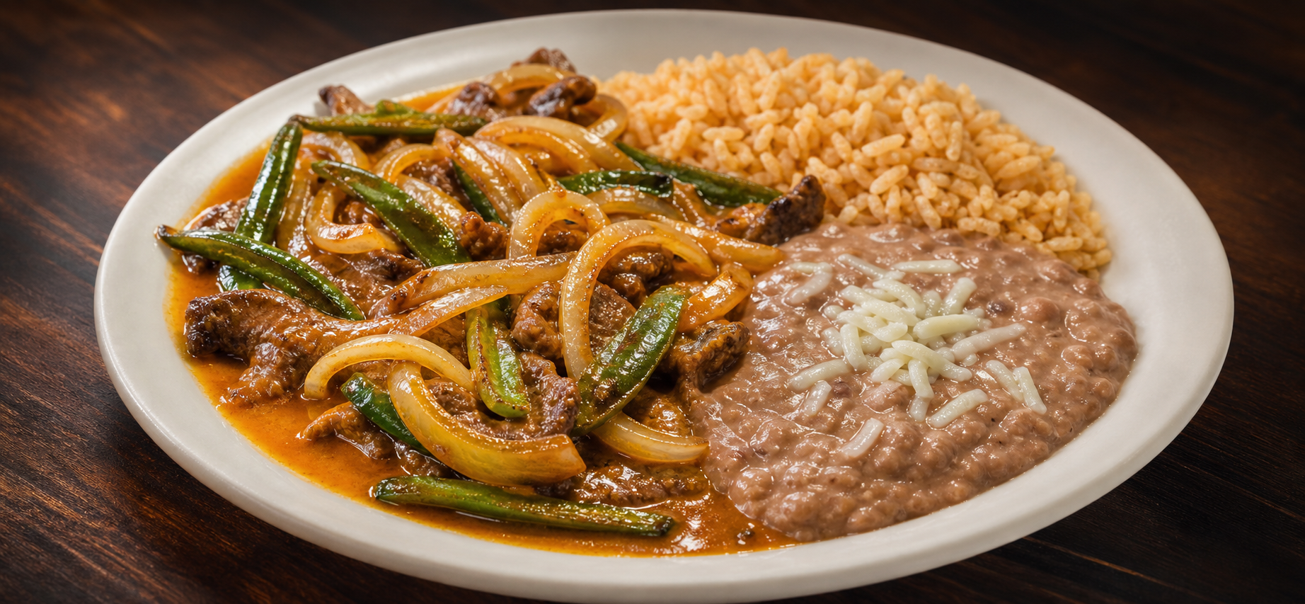 Bistec ranchero with rice and beans