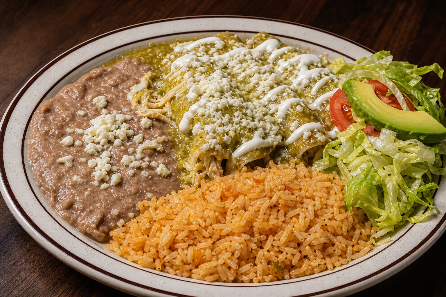 Green enchiladas with rice and beans