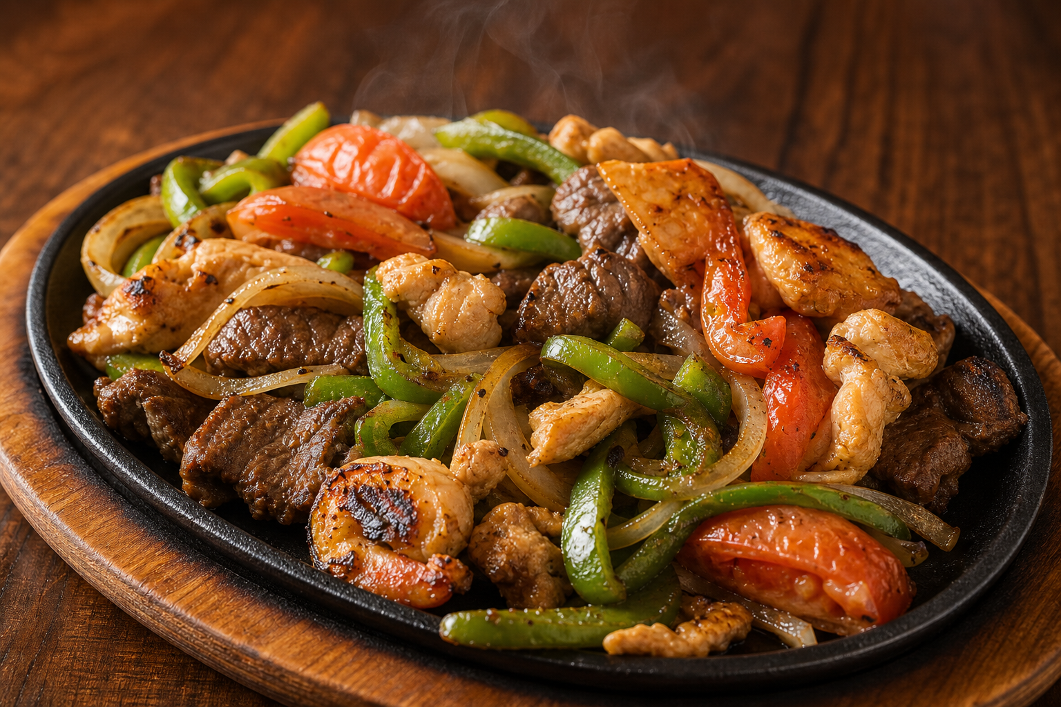 Mixed fajitas served hot with peppers and onions