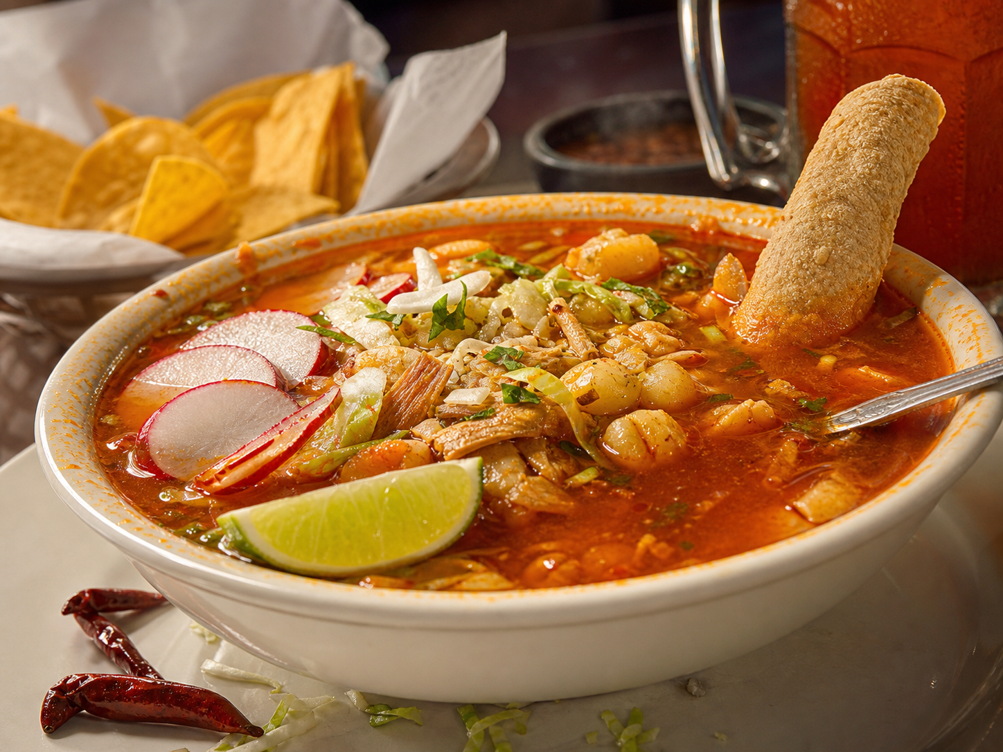 Red pozole-style soup with radish, cabbage and lime